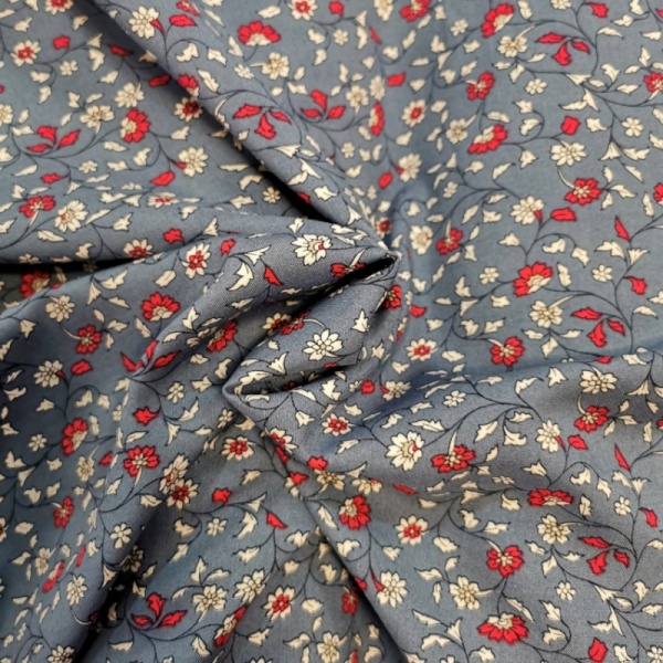 Printed Viscose - WHITE AND RED FLOWERS ON BLUE